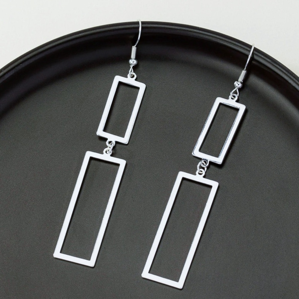 Any 3/$25! Silver Geometric Double Rectangle Drop Earrings - Picture 2 of 5